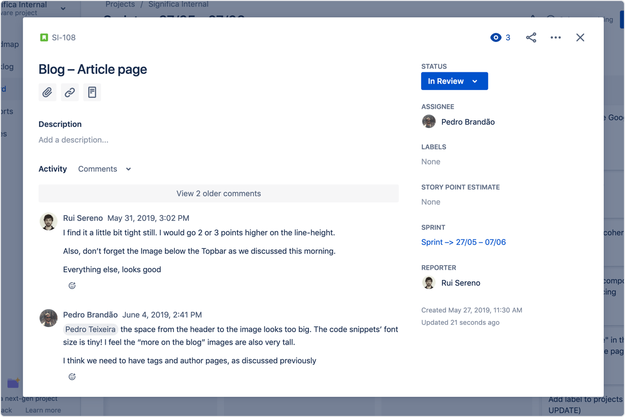 Task under review in Jira