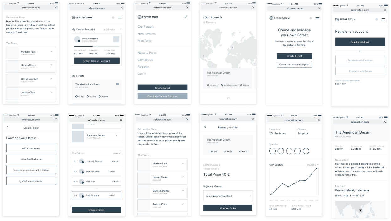 Example of wireframes of the Reforestum mobile app